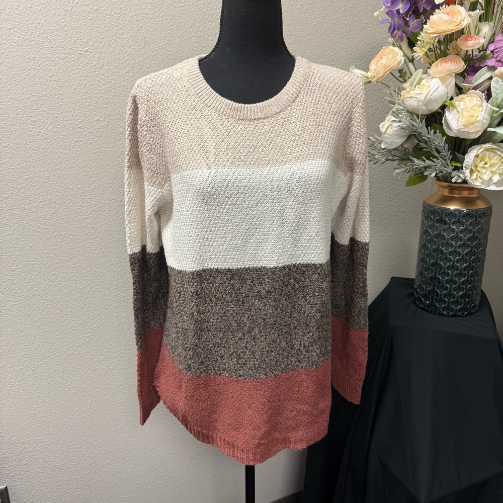 Pink Clover Color Block Knit Sweater XL Soft Neutral Fall Pullover Cozy Top